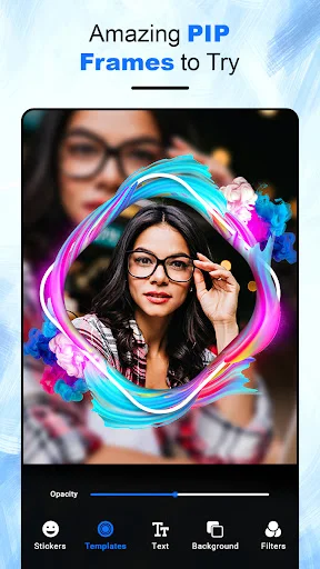 PIP photo editor interface with swirl frame effect and stickers, templates, text, background tools