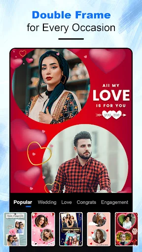 Love-themed double photo frame template with heart decorations for romantic occasions and celebrations