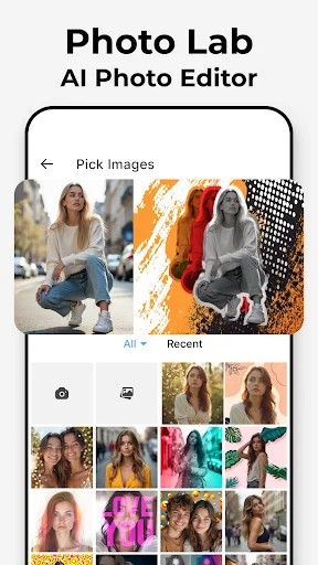 Photo Lab AI Photo Editor app home screen showing photo picker with gallery thumbnails and artistic filter previews