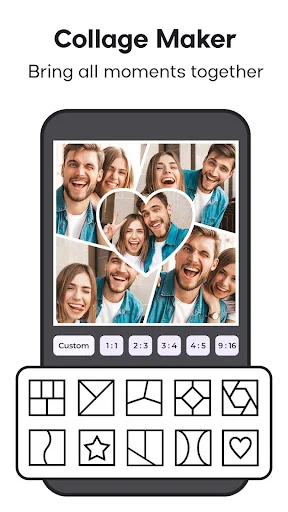 Photo Lab collage creator interface showing diagonal grid layout with vacation photos and filter tabs