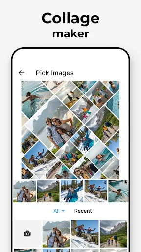 Collage maker image picker displaying photos in diagonal grid pattern for creating photo collages
