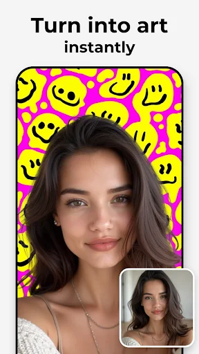 Turn photos into art instantly with AI filters - portrait with vibrant yellow smiley face pattern background effect