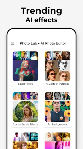 Trending AI effects menu displaying Smart Filters, AI Cartoon Portraits, Customizable Effects, and Art Backgrounds