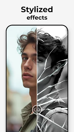 Stylized effects screen showing split-screen before and after comparison with artistic black and white filter