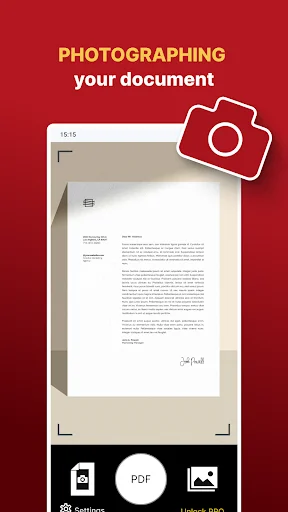 Photo to PDF app camera scan interface showing document capture with PDF conversion options