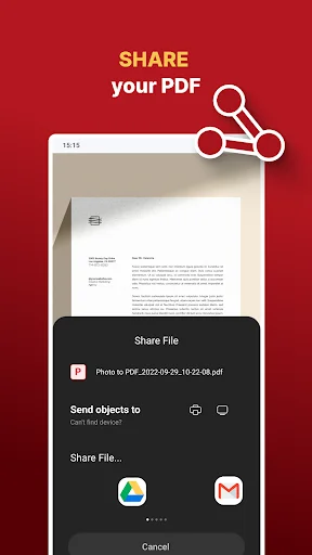 Share PDF file dialog showing export options including Gmail and Photos for converted documents