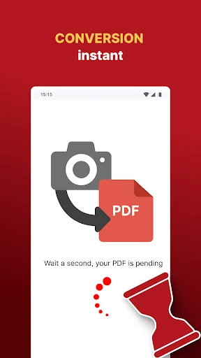 PDF conversion in progress screen with camera to PDF icon and loading animation