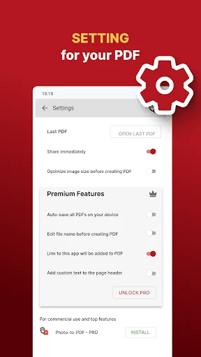 PDF settings menu with premium features including image optimization and custom header options