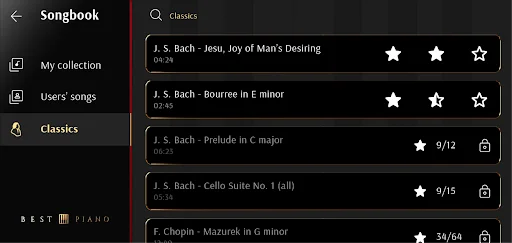 Songbook library showing Bach and Chopin classical pieces with star ratings and progress tracking