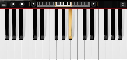 Virtual piano keyboard interface with minimalist design showing playable keys and navigation controls