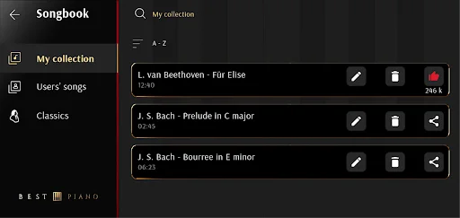 My collection songbook view with Beethoven and Bach pieces, edit and delete options available
