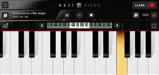 Piano app playing Polonaise with highlighted keys showing notes to press on virtual keyboard