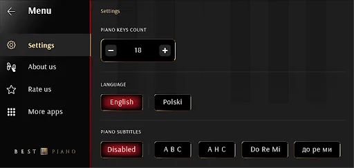 Settings menu for piano app with keyboard count, language, and subtitle customization options