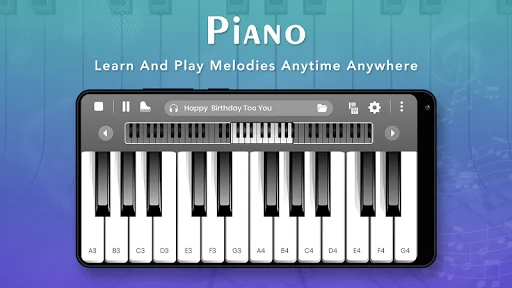 Piano keyboard interface displaying Happy Birthday For You - white and black keys for learning melodies anytime anywhere