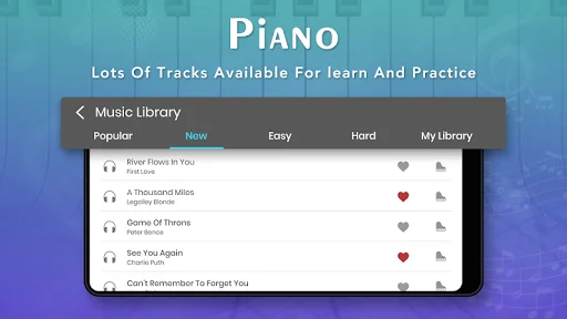 Music library showing popular piano songs like River Flows In You - learn and practice tracks with Easy Hard and other difficulty levels