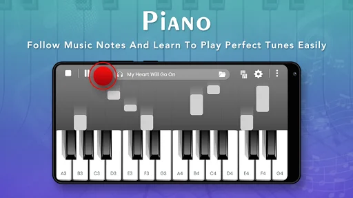 Piano keyboard with music note guides showing which keys to play for My Heart Will Go On - follow notes to learn perfect tunes