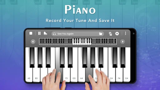 Hands playing piano keyboard recording See You Again - record your performance and save piano music compositions