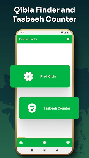 Qibla Finder app home screen with Find Qibla and Tasbeeh Counter buttons for prayer direction and dhikr counting