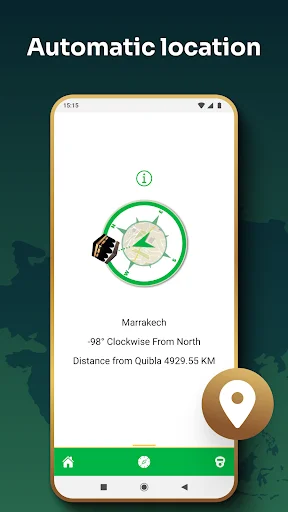 Automatic location-based Qibla finder showing Marrakech at 98° clockwise bearing, 4929.55 KM from Qibla
