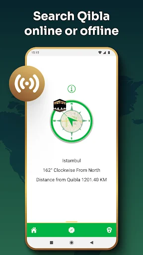 Qibla direction compass showing Istanbul location 162° clockwise from North, distance 1201.40 KM with online/offline search