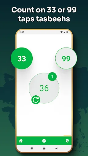 Tasbeeh counter screen with 33 and 99 tap options displaying count of 36 for digital dhikr and prayer bead tracking