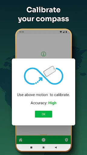 Compass calibration screen with infinity motion guide and high accuracy indicator for precise Qibla finding