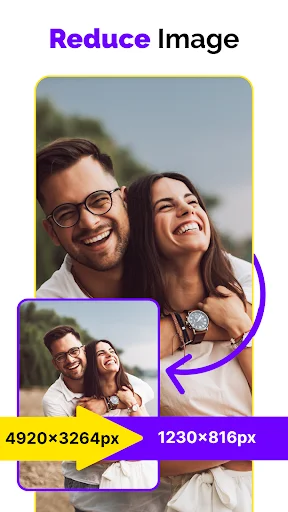 Photo compression app showing image resize from 4920x3264px to 1230x816px with reduced file size