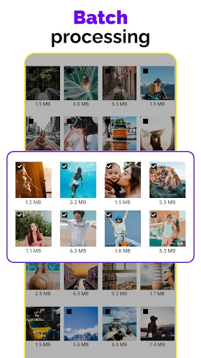 Batch photo processing interface displaying multiple images with file sizes for compression selection