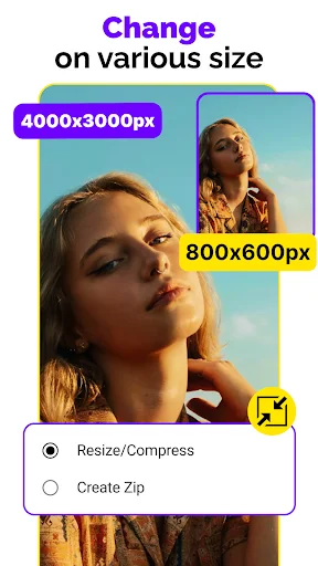 Photo resize options menu showing dimension choices 4000x3000px and 800x600px with compression settings