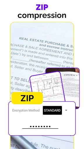 ZIP compression feature for documents with encryption method selector and password protection
