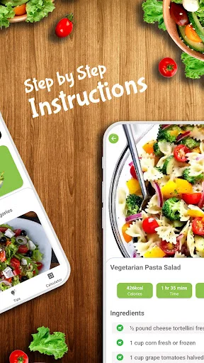 Step by step instructions for Vegetarian Pasta Salad recipe showing ingredients with checkmarks, cooking time, and preparation details in the app