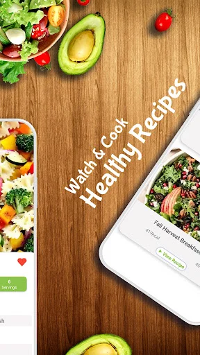 Watch Cool Healthy Recipes video tutorial screen with cooking instructions, favorites feature, and meal preparation guide for offline access