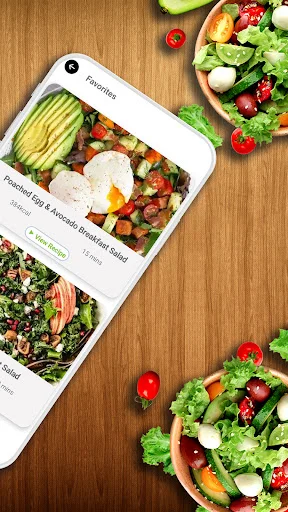 Healthy recipes collection displaying various meal options with estimated cooking times and nutritional calories information for meal planning
