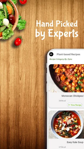 Hand Picked by Experts curated recipes section showing plant-based recipe category with Moroccan Chickpeas and Easy Kale Soup recommendations