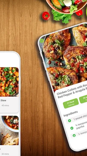 Chicken Cutlets with Bell Pepper recipe detail showing complete ingredients checklist and green cook button for step-by-step offline instructions