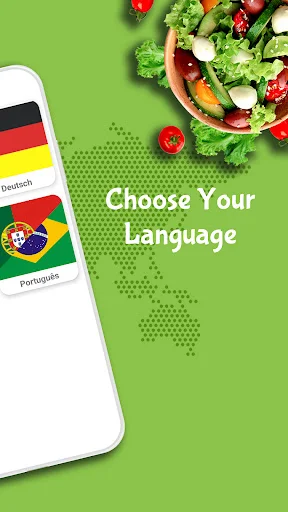 Choose Your Language screen showing international language selections including English, Deutsch, Español, Português for offline recipes app setup