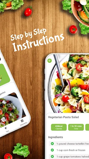 Step-by-step recipe instructions for vegetarian pasta salad with ingredients checklist and cooking time
