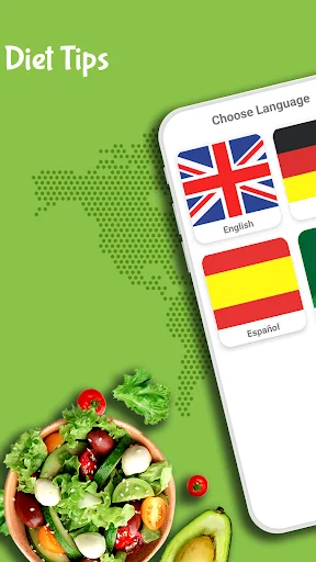 Diet tips section with language selection menu offering English and Spanish language options