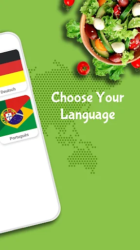 Language selection screen for offline healthy recipes app with English, German, and Portuguese choices