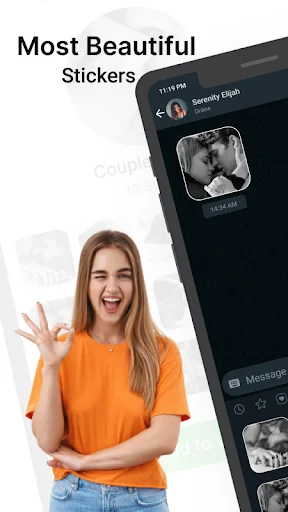 Romantic Kiss Stickers app showing woman gesturing OK with messaging interface displaying couple stickers