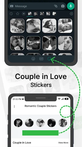 Couple in Love stickers integration with messaging keyboard showing romantic kiss sticker selection