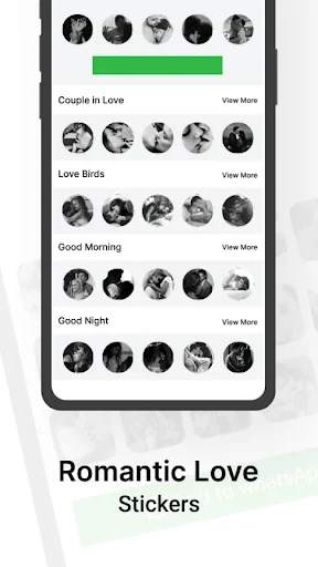 Romantic Love Stickers categories including Couple in Love, Love Birds, Good Morning, and Good Night