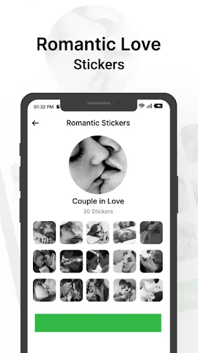 Couple in Love sticker pack with 30 romantic kiss and couple stickers in grid layout