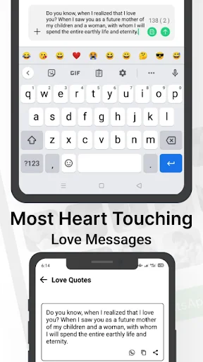 Love messages and quotes feature with romantic text and emoji keyboard for personalization