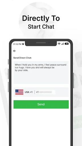 Direct chat feature for sending romantic messages with USA country code selector