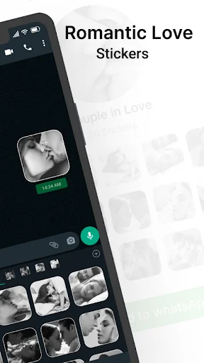 Romantic Love Stickers interface with grid of black and white couple kiss stickers in messaging app