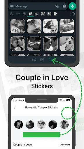 Couple in Love stickers collection showing romantic kiss stickers integration with messaging keyboard
