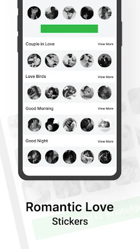 Romantic Love Stickers app displaying categorized sticker collections including Couple in Love and Good Morning