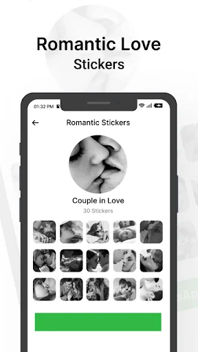 Romantic Stickers screen showing Couple in Love collection with 30 romantic kiss and couple stickers