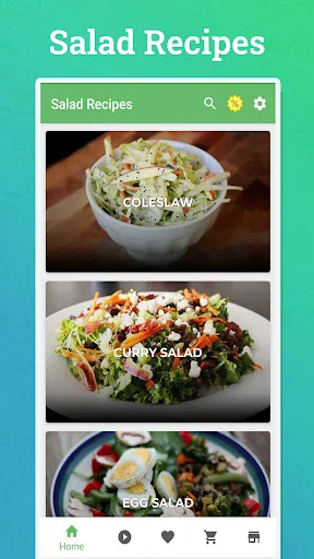 Salad Recipes app home screen showing coleslaw, curry salad, and egg salad with navigation menu